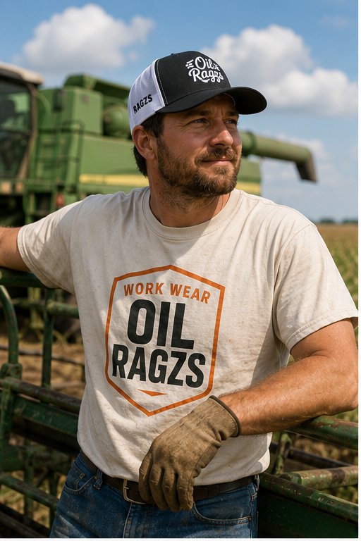 Man wearing Oil Ragzs tee near farm equipment