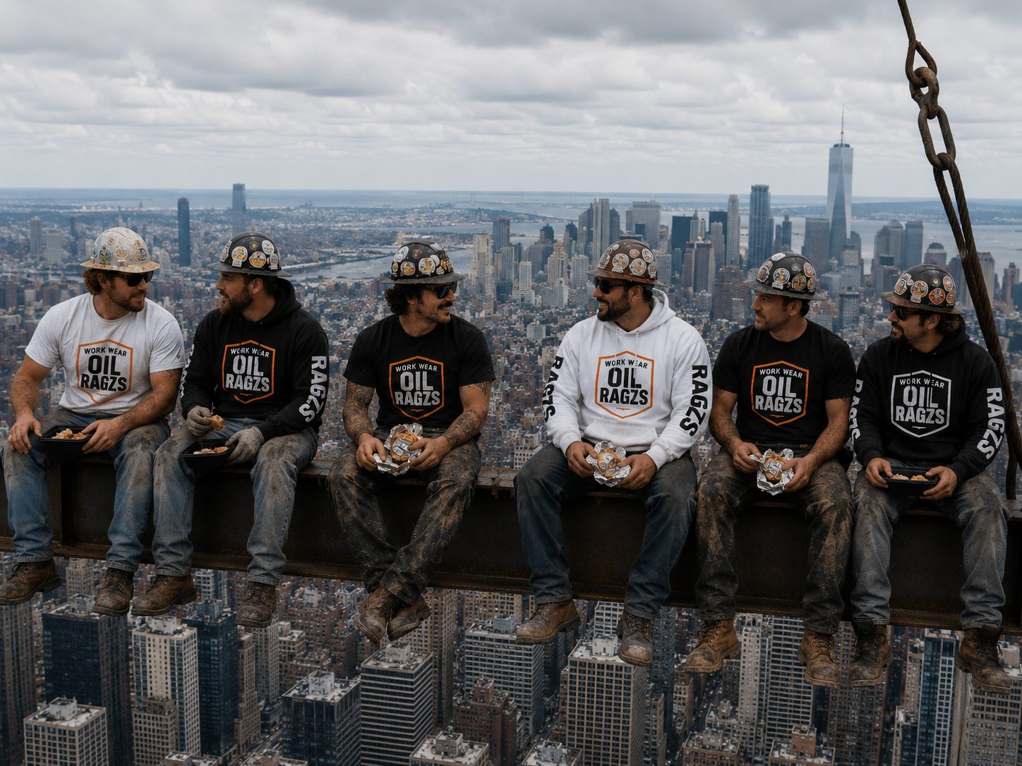 Construction crew wearing Oil Ragzs gear on a steel beam above the city