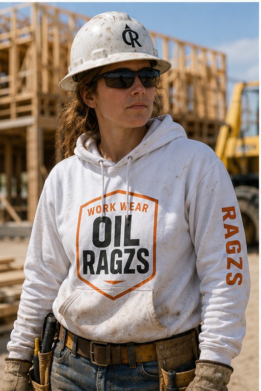 Woman wearing Oil Ragzs hoodie at a construction site