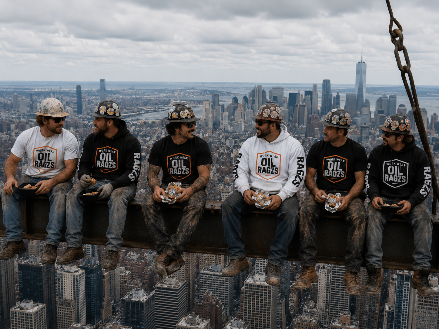 Construction crew wearing Oil Ragzs gear having lunch on a steel beam above the city