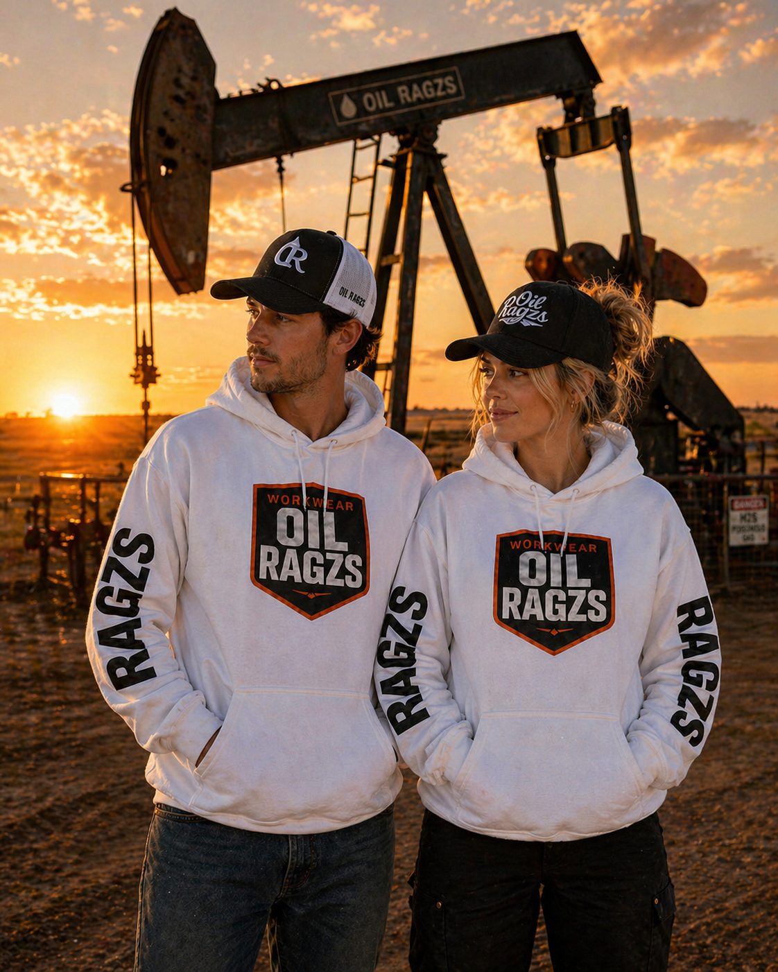 Couple wearing Oil Ragzs hoodies at an oil pump jack