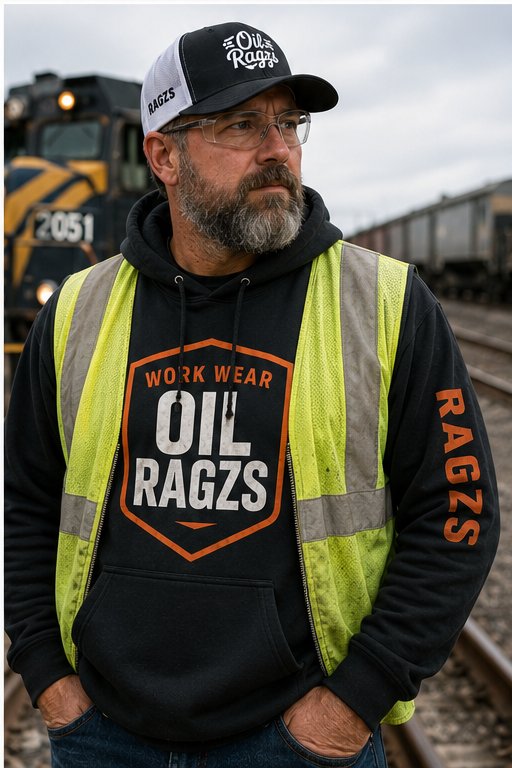 Rail worker wearing Oil Ragzs hoodie with safety vest near train tracks