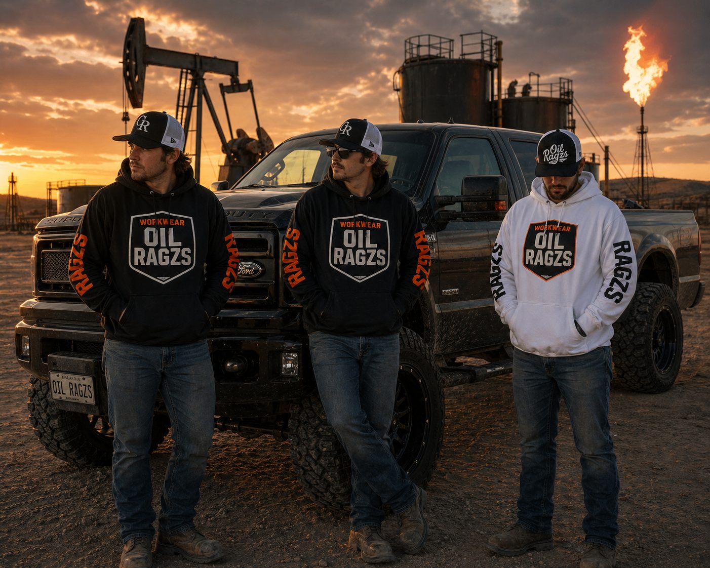 Oil field crew leaning on a truck at sunset