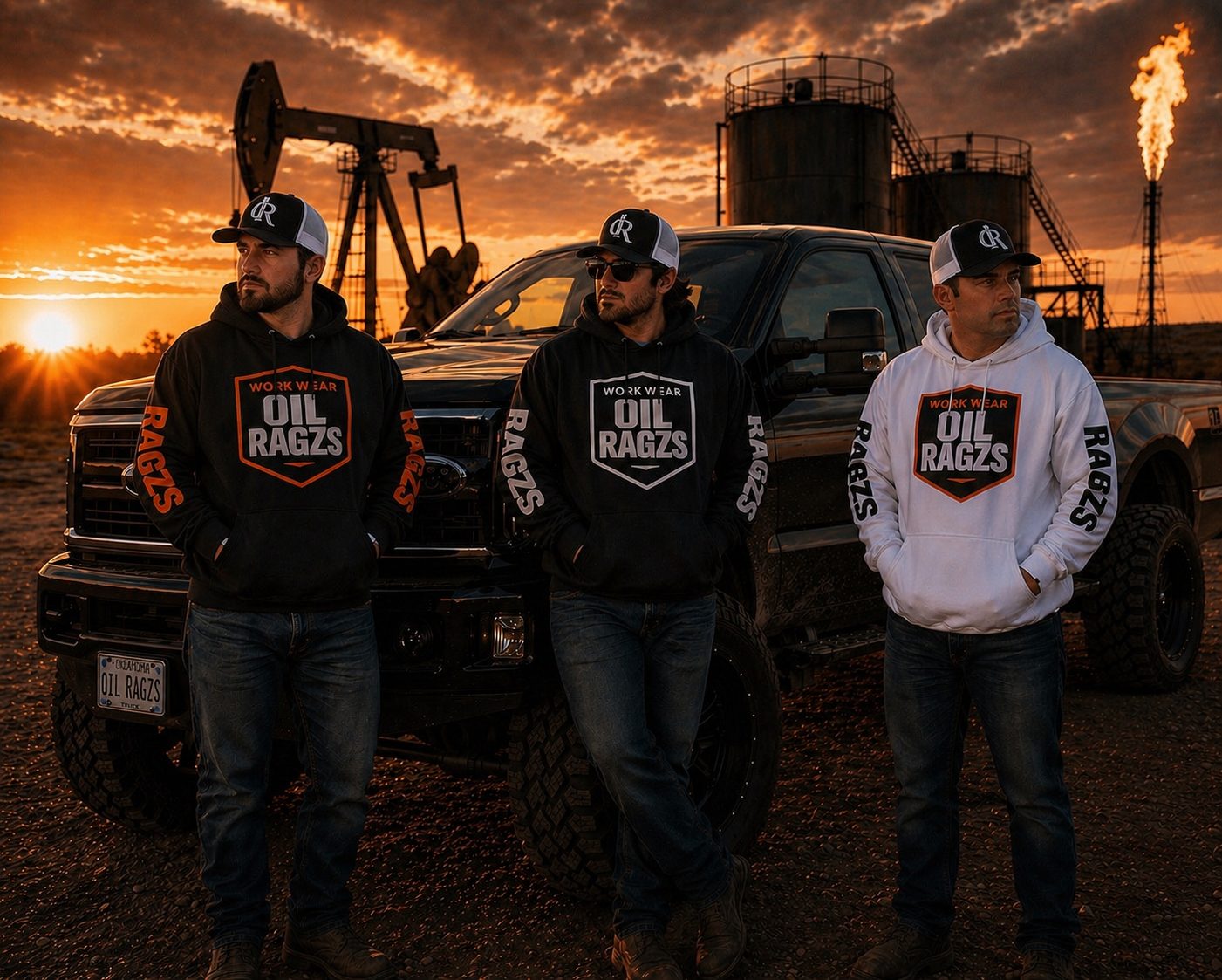 Three workers in Oil Ragzs gear at an oil field sunset
